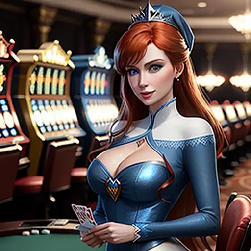 low angle shot, different clothing,
Anna in Las Vegas. playing cards in a casino.
innocent sweet, Anna of Arendelle 37 years old, Nordic, dressed in green attire, large natural round blue eyes, long auburn hair, sweet face, warm smile, soft curved eyebrows, smaller modest breasts.
Elsa of Arendelle 40, slightly taller than Anna. dressed in elegant blue clothing.
five fingers per hand, ultra realistic, unreal engine, reduced saturation, adult