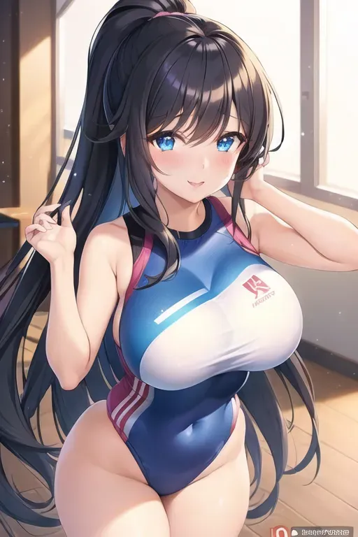 1girl, solo, (masterpiece), (high quality), (sagisawa fumika), anime girl, queen, insanely beautiful, charming face, pink lips, (seductive smile), (black hair), very long hair, pony tail, sidelocks, (blue eyes), (highly detailed eyes), porcelain white skin, medium breast, (gym outfit), black, hourglass figure day, natural light, street