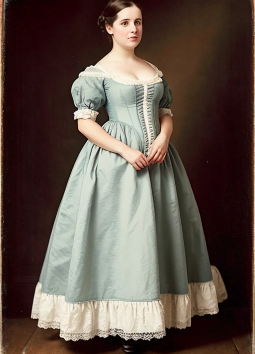 pretty young lady, 1790s regency gown high-waisted, soft curvy belly