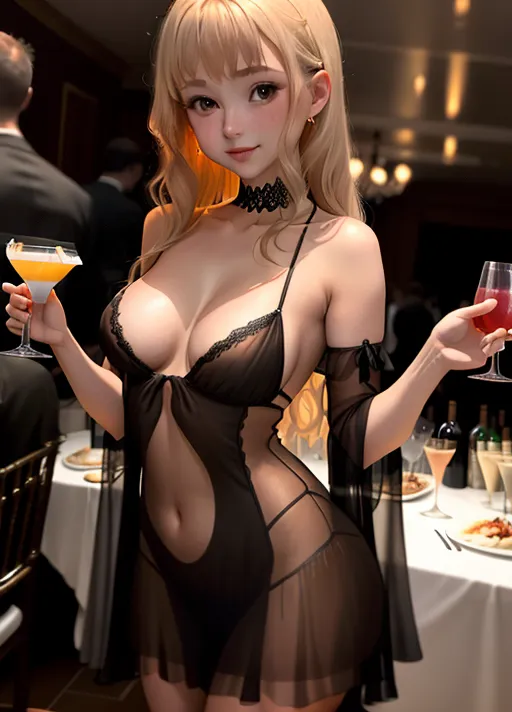 a photo of, (tiny breasts), sheer cocktail dress, at a dinner party, at night, artificial lighting, dimly lit, public