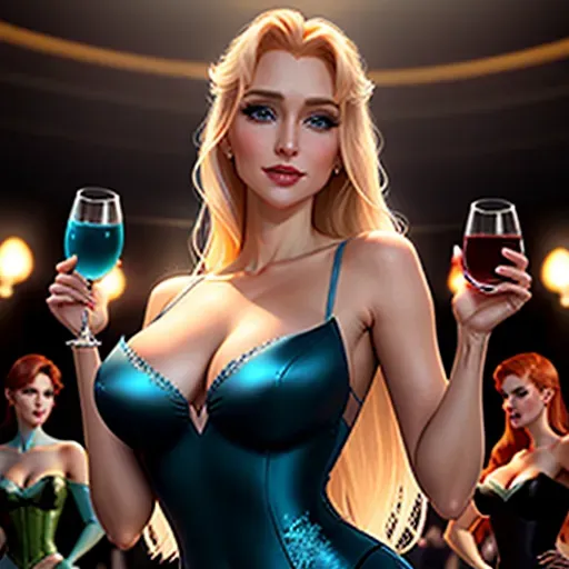 Anna in Las Vegas. drinking and dancing at a dark gloomy goth club with Elsa. low angle shot, very low intensity light, 2 figures, different clothing.
Figure 1:
innocent, elegant, sweet, Anna of Arendelle 33 years old, Nordic, dark green dress, large natural round blue eyes, long auburn hair, sweet face, warm smile, soft curved eyebrows, smaller modest breasts. drink in her hand.
Figure 2:
elegant, sensual, Elsa of Arendelle 37 years old, Nordic, light blue dress, large natural almond blue eyes, long platinum blond hair, sweet face, cold scheming smile, arched eyebrows, moderate breasts. drink in her hand.
five fingers per hand, ultra realistic, unreal engine, reduced saturation, adult