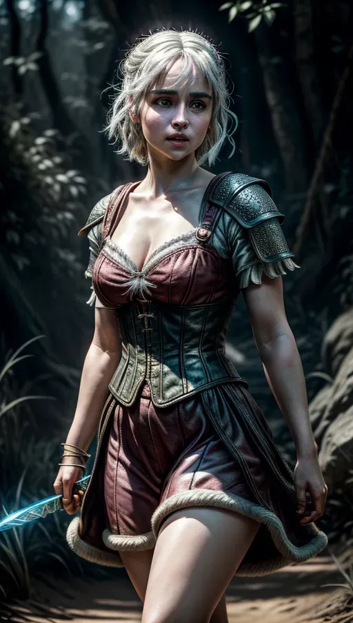 8k High resolution of Emilia Clarke as Ciri from the video game The Witcher,
natural skin,
High Definition skin,natural hair,(accurate eyes), accurate teeth, accurate mouth, nikon, 50mm, crystal clear, focused, intricate detailed background, dynamic pose, dynamic pov, dynamic angle, accurate skin color, accurate skin tone, (accurate facial shaped:1),<lora:dpmg_add_detail:1.6>
, full body visible
, vivid colors
, cinematic composition
, highest quality
, highest resolution
, (photorealist:1.2)
, (photorealism:1.2)
, (masterpiece:1.4)