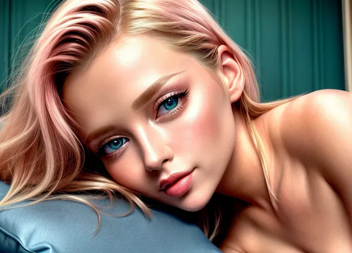 a photograph of, 1 beautiful woman lying on her side in a bed, blonde, short wavy hair, (((totally naked))), (head on a pillow), natural breast, beautiful face, ultra detailed face, beautiful blue green eyes, detailed eyes, ((licking her lips)), detailed skin, curved eyelashes, curved eyelids, beautiful crimson lips, <lora:dpmg_add_detail:1.4>, (((close up face))), (focus on the viewer), ((blush)), sheet over her legs, paneling on walls, best quality, high resolution, 8k, photorealistic, photorealism, masterpiece