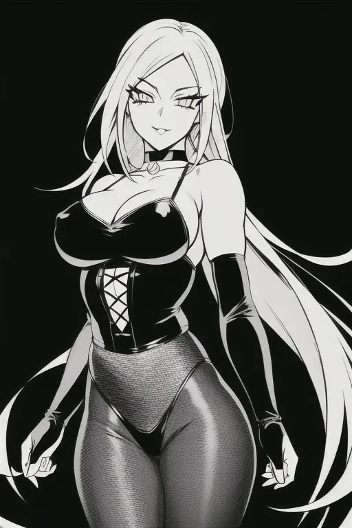In the style of my hero Academia, <lora:manga_lineart:1>, In the style of shadman, elegance, realistic, masterpiece, best quality, goth, goth girl, emo, long white hair, choker, fishnet leggings, most beautiful face, medium breasts, perfect face, perfect mouth, perfect lips, perfect anatomy, perfect fingers, nsfw, dramatic lighting, night, dark, black and white, monochrome, perfect eyes