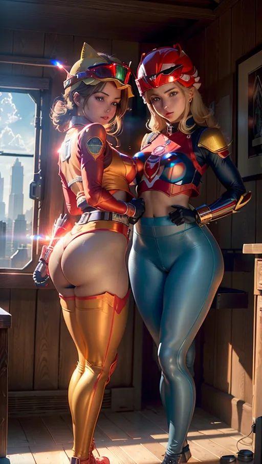 a digital professional photograph, fantasy, 2girls side by side, (((1girl red sentai))), (((1girl blue sentai))), (((sentai slim (see-through:0.9) trousers))), ((sentai (see-through:0.8) shirt)), (((Power Rangers helmet))), (((camel toe))), ((victory pose)) on top of a skyscraper, head inside the opaque helmet is not visible, perfect perky breasts, highly detailed, cinematic lighting, ((cinematic composition)), 32k, HDR, highest quality, highest resolution, photon mapping, (photorealist:1.72), (photorealism:1.72), (masterpiece:1.18), --s 750 --niji 5.2