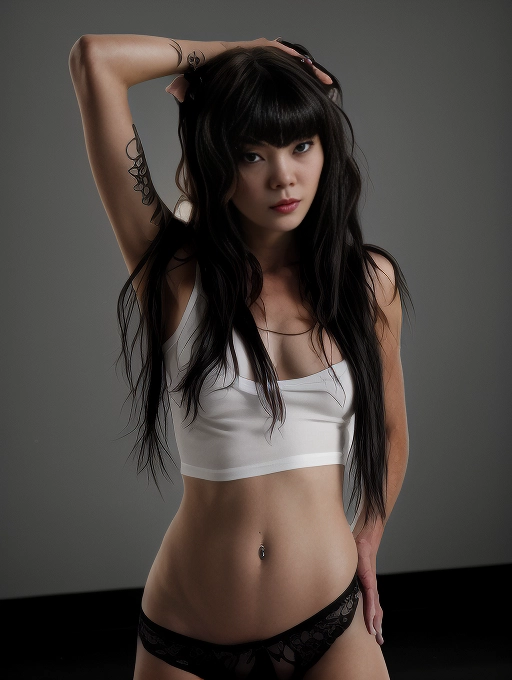 a beautiful and provocative naked dancer with black hair styled with bangs across her forehead, poses wearing only her shirt during a break in between dances