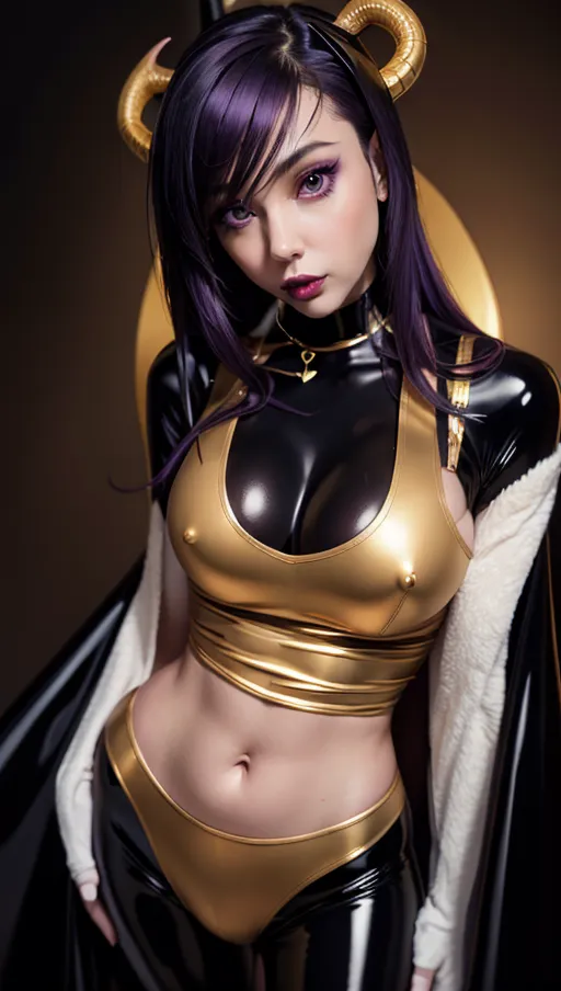 best quality, (((ultra high res))), (detailed face and eyes), hearts, perfect face, heart choker, golden earrings, jewelry, purple glowing heart, (black latex), purple heart necklace, (((succubus))), horns, tail, snake coiling, (huge tits), (golden snake), ((heart nipple patches)), black hair, long hair, latex gloves, latex Arms, Latex bodysuit, latex chest, Latex decollete, hourglass figure, hourglass body , big hips, small waist