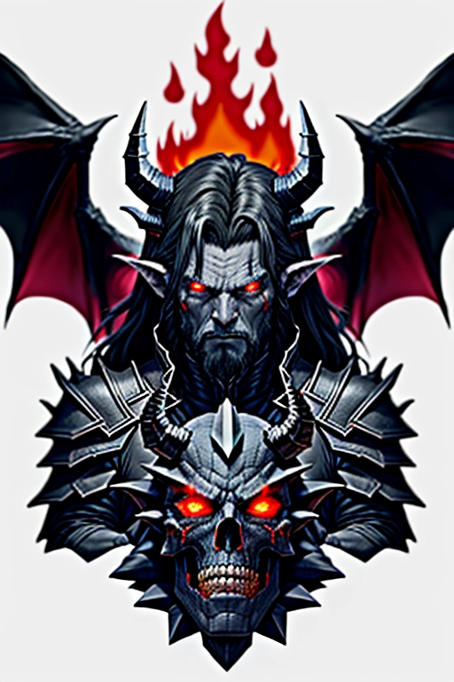 Brutallus, Elder Dragon Lord, Black dragon, Human form, Black scales, Black horns, holding human skull, Fiery red eyes