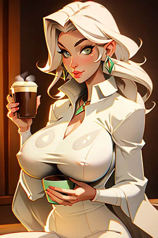 milf, ((gigantic boobs)), ((oversized boobs)), naked, indoors, holding a coffee cup, detailed face, detailed hair, perfect lightning, best quality, hd, photorealistic, full shot