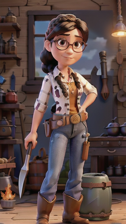 A cowgirl in a blacksmith workshop wearing Jessie from Toy Story clothes and holding a hammer, black hair, braid, glasses, black eyes, tall