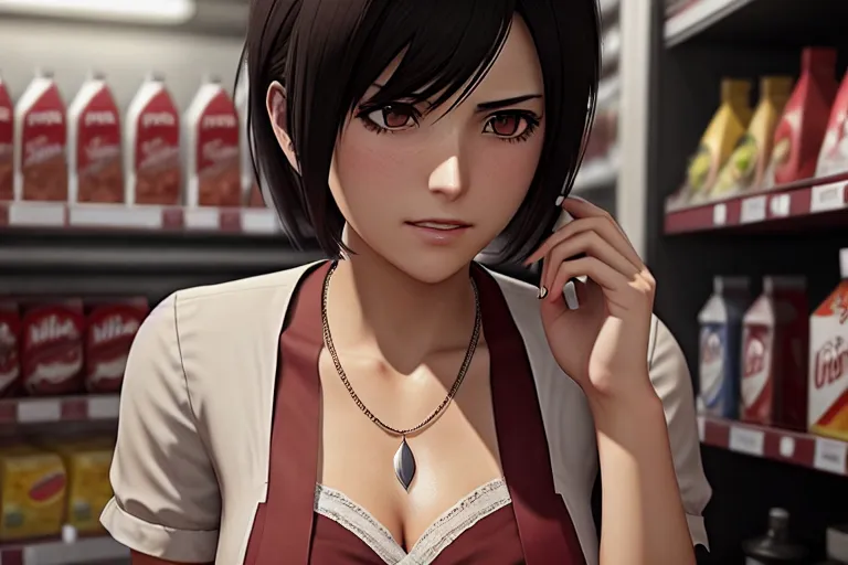 a concept art of,mikasa ackerman,wearing maid clothes,at the convenient store,five fingers per hand,bangs hairstyle,charming face,beautiful lips,curved eyebrows,smooth skin,peaceful,wearing necklace,professional,artstation,8k,unreal engine,ultra realistic