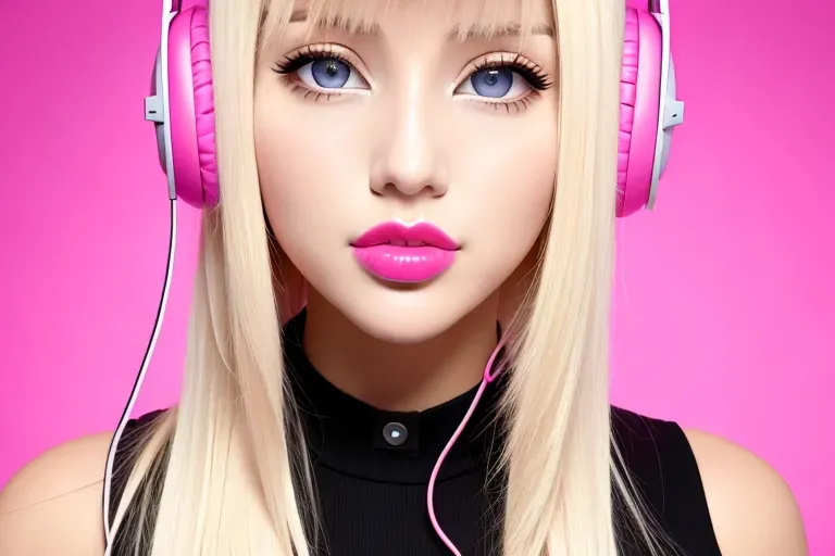 bimbo. Caucasian, blonde hair, late twenties, pink headphones, head facing camera, pink room, hypnotized expression, mesmerized, juicy lips, pink lipstick, full face closeup, big eyes, full face in view