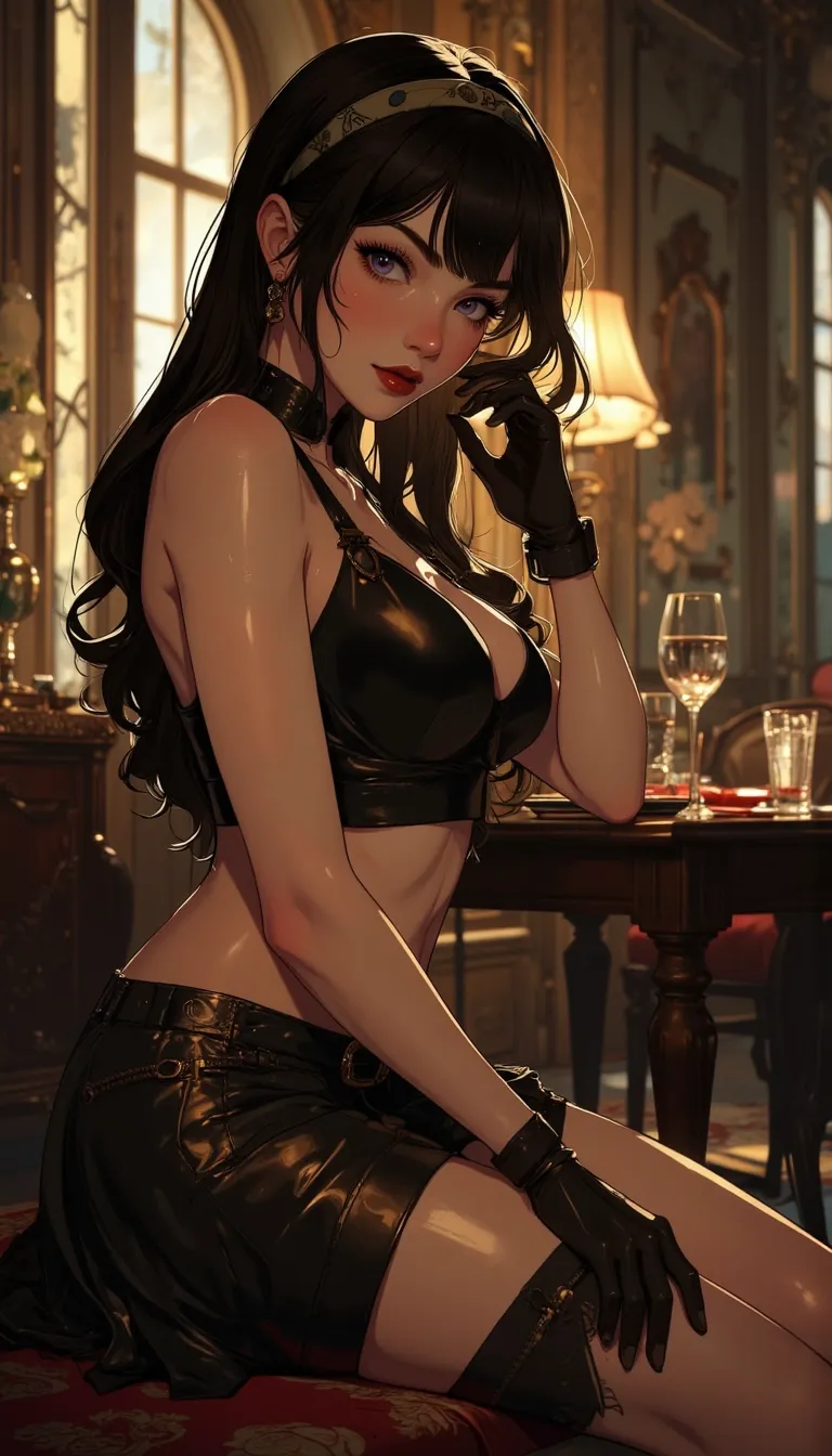 Anime style. 1boy, Serena, SerenaRH, very long straight black hair, brown eyes, gorgeous lips, dark lips, medium perky breasts, perfect body, large hips, fit body, thick thighs, 1g0r, Dutch angle, earrings, elegant, makeup, fancy party room, indoor, golden details, dramatic light, face closeup, parted lips, makeup, abs, solo, parted lips, shiny skin, sweat, brown hair, toned, brown eyes, big breasts, braid, muscular male, black hair, long hair, looking at viewer, indoors, easynegative, FMAB_Envy, 1boy, solo, long hair, black hair, purple eyes, slit pupils, headband, crop top, bare shoulders, midriff, gloves, fingerless gloves, skirt, side slit, bike shorts under skirt, bike shorts, toeless legwear, leg tattoo, 1femboy, on knees