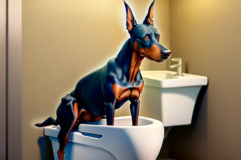 anthropomorphic doberman sitting on toilet