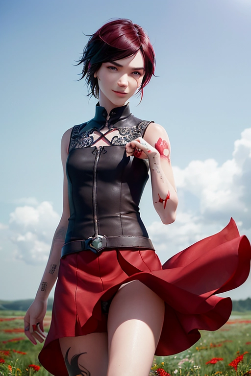 (((realistic photo))) of Ruby Rose from RWBY, small frame, cute smile, beautiful detailed cute face, rose tattoos,
in a summer dress, walking through a field of wildflowers, the wind is lifting up her skirts to reveal her panties
High quality, absurdres