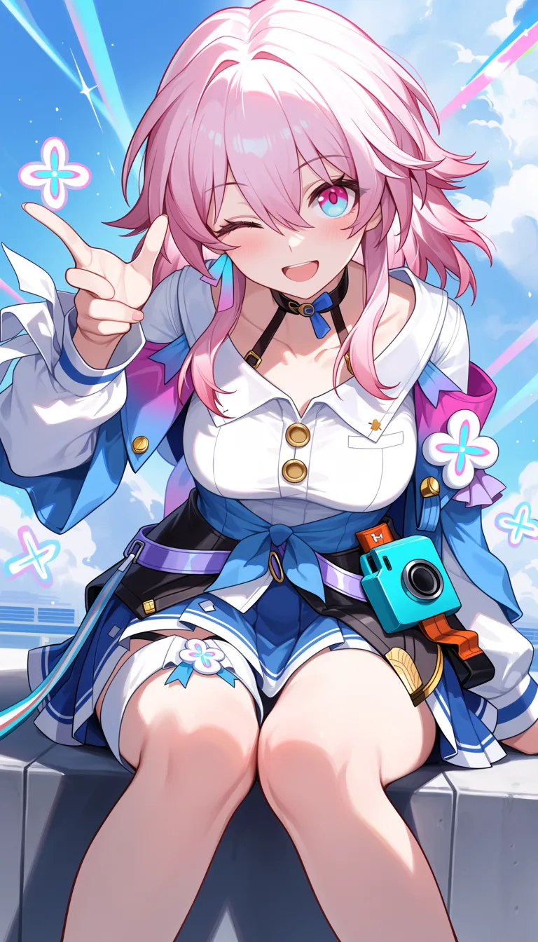 honkai: star rail, honkai \(series\), march 7th \(honkai: star rail\), march 7th \(preservation\) \(honkai: star rail\), 1girl, aqua eyes, blue skirt, blush, collarbone, collared shirt, hair between eyes, hair ornament, looking at viewer, medium hair, multicolored eyes, one eye closed, open mouth, pink eyes, pink hair, shirt, sitting, skirt, smile, solo, two-tone eyes, white shirt, masterpiece, best quality, amazing quality, highres, absurdres, newest, very awa, dynamic pose, dynamic compositionhonkai: star rail, honkai \(series\), march 7th \(honkai: star rail\), march 7th \(preservation\) \(honkai: star rail\), 1girl, aqua eyes, blue skirt, blush, collarbone, collared shirt, hair between eyes, hair ornament, looking at viewer, medium hair, multicolored eyes, one eye closed, open mouth, pink eyes, pink hair, shirt, sitting, skirt, smile, solo, two-tone eyes, white shirt