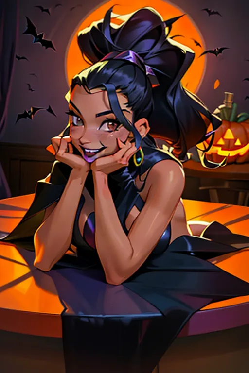 (Full color image), 23 year old Adriana Lima , sexually inviting smile, naked, nude, confident I am going to fuck you expression, lying on a table , sexually aroused, Halloween party scene, Halloween party decor, (pubic hair), indoor Halloween party backdrop, sexually excited, looking into camera,
