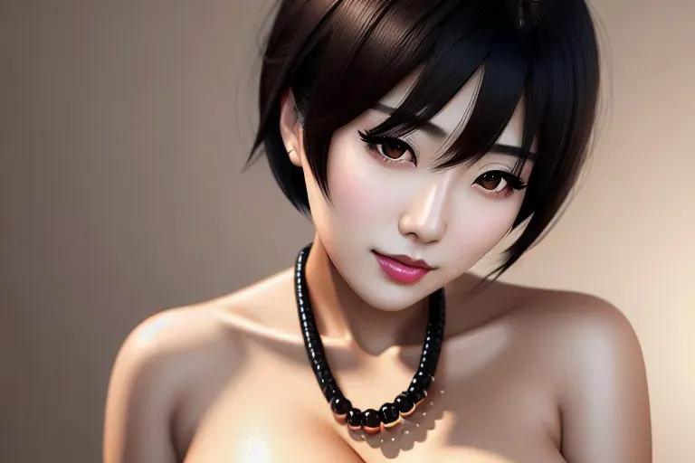 a digital painting of,ai uehara,naked,touching breasts,big hug huge breasts,five fingers per hand,short thick hair black ,gorgeous face,beautiful lips,curved eyebrows,textured skin,romantic,wearing necklace,bokeh,8k,sharp focus,smooth,artstation