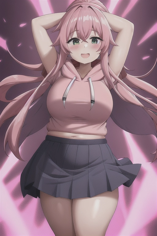 uhd, best quality, 1girl, bright pink hoodie, navy blue pleated skirt, pink hair, chubby, fat, bloated belly, at school,