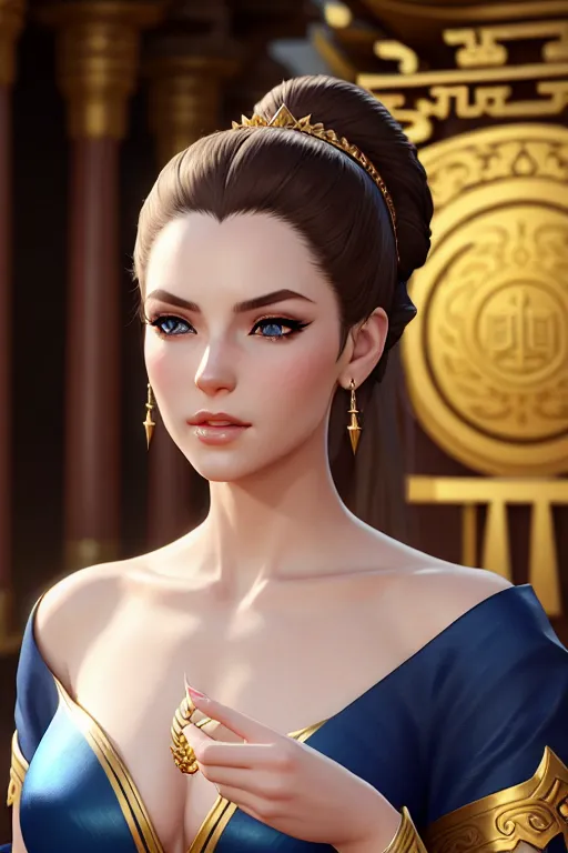 a concept art of,a queen,lying,in a temple,five slender fingers,ponytail,beautiful face,beautiful lips,blue eyes,curved eyebrows,curved eyelid,pale skin,peaceful,wearing golden ring,8k,pixiv,ultra realistic,cgsociety,highly detailed