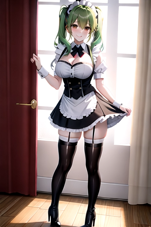 maid uniform, miniskirt, high heels, brown eyes, pale skin, green hair, in living room, walking across room, giant breasts, cleavage, looking at viewer, pov, smiling, wavy hair, 8k, full body photo, thigh high boots
