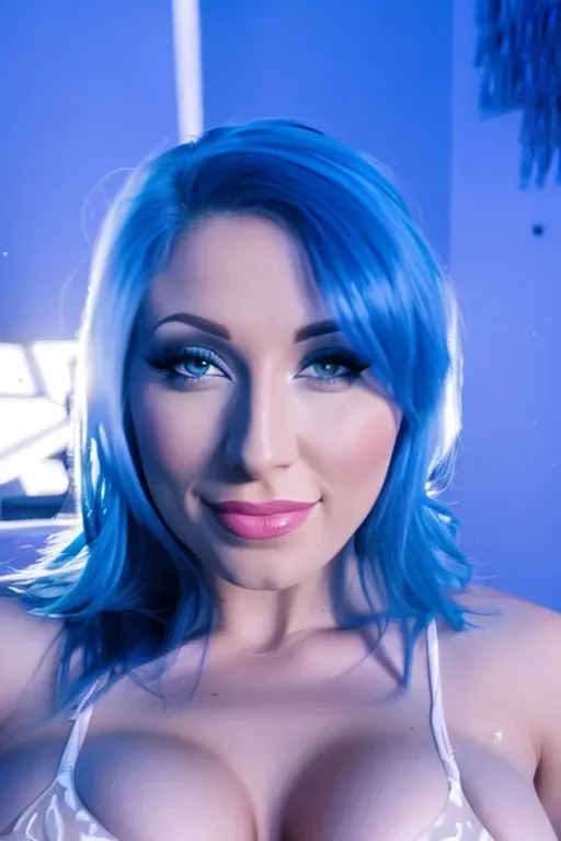 wide shot, 25 year old, a pornstar girl, fit, naked, blue, plain background, day time, studio light, happy, 8k, professional