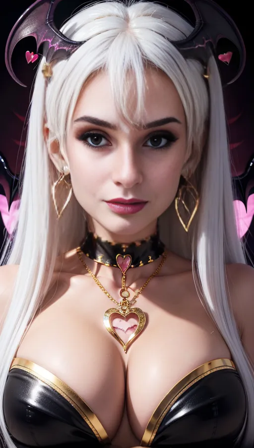 best quality, (((ultra high res))), (detailed face and eyes), hearts, perfect face, big choker, golden earrings, jewelry, ((eyes closeup)), glowing heart, golden heart necklace, big heart pasties, ((white hair)), covered by gold, golden skin, chained, ((((succubus))))