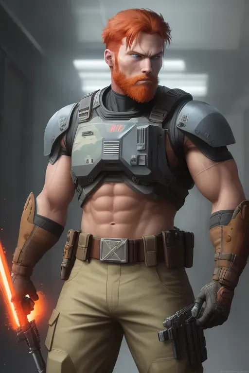 Violent, action, space commando, colonel rank, red hair, red beard, chiseled features, blue eyes, strong chin, tall, strong and fit, tan camo armor, futuristic gun in right hand, utility belt with sword, imperialism, combat, high definition, 4k quality, cinematic lighting, great shading, excellent detail, five fingers per hand