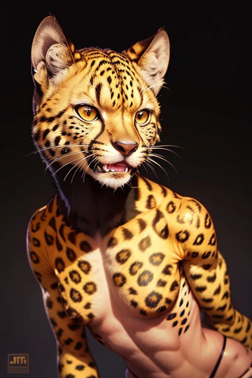 A cheetah woman, (furry:1.5), (yellow and black cheetah skin), anthropomorphic, nude, ((feline teeth)), gorgeous face