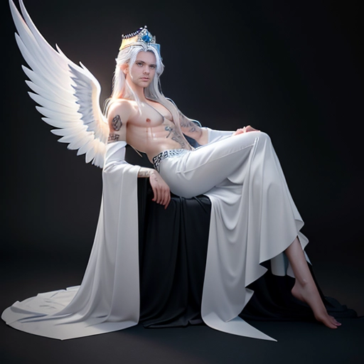 a 8k high detail photo full body shot, Male, five slender fingers ,silky hair, Handsome face ,beautiful lips, blue eyes,curved eyebrows,curved eyelid,pale skin,satisfaction,tattoo,ultra realistic,smooth,8k,studio lighting,surreal, Angel Wings, Angelic Lighting, Love, Hope, Magic casting, Crown, Smiling,