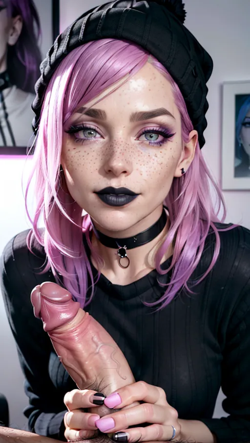 photorealistic, 8k, accurate face, detailed face, (((replicate inspiration face))), freckles, black lipstick, pink hair, smirking,
wearing black beanie, black choker, striped knit sweater,
penis, handjob, teasing, edging, hand on penis, stroking penis,
location is bedroom with purple lighting, movie posters on wall, messy bed,