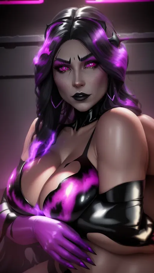 Succubus, symbiote, big hips, long hair, symbiote body, many hair, black goo bodysuit, heart, pink glowing heart, purple gloves