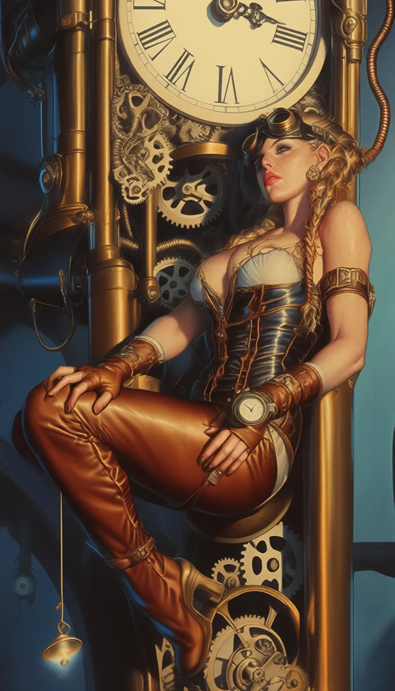 ArsMJStyle, Colored pencil hyperdetailed realism, A woman lounges atop a giant grandfather clock, legs dangling over its side, one foot brushing against the pendulum swinging below. She wears a steampunk-inspired bodysuit made of leather and brass-plated mesh, straps crisscrossing over her torso, gears embedded subtly into her hips and ribs. Her hair is coiled into intricate braids woven with copper wire, and she wears goggles pushed up onto her forehead, revealing smoky eyes and glossy lips. One gloved hand rests on her thigh, the other adjusts a dial on her wrist that glows faintly. Behind her, gears turn slowly in the clock’s inner workings, casting rhythmic shadows across her skin. Lighting is warm amber mixed with cool mechanical blues. Skin texture shows slight oil sheen from machinery, metal components reflect light with precision, fabric blends industrial and sensual.