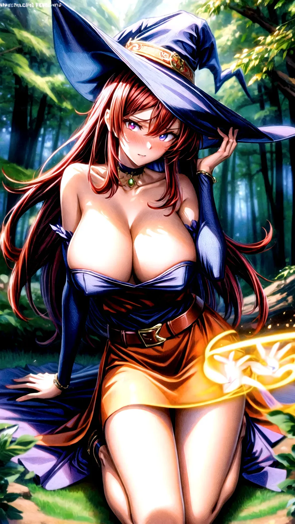 Masterpiece, hyper quality, hyper resolution, full body picture, 8K resolution, hyper details, female focus, 1girl, a sexy witch with massive boobs in the forest, red hair, orange hair, arm sleeves, long black dress, belt buckle, shy face, blushing, embarrassed, anxious face, anxious, perfect eyes, highly detailed eyes, glowing eyes, submissive, submissive pose, on her knees,
<lora:dpmg_add_detail:2>