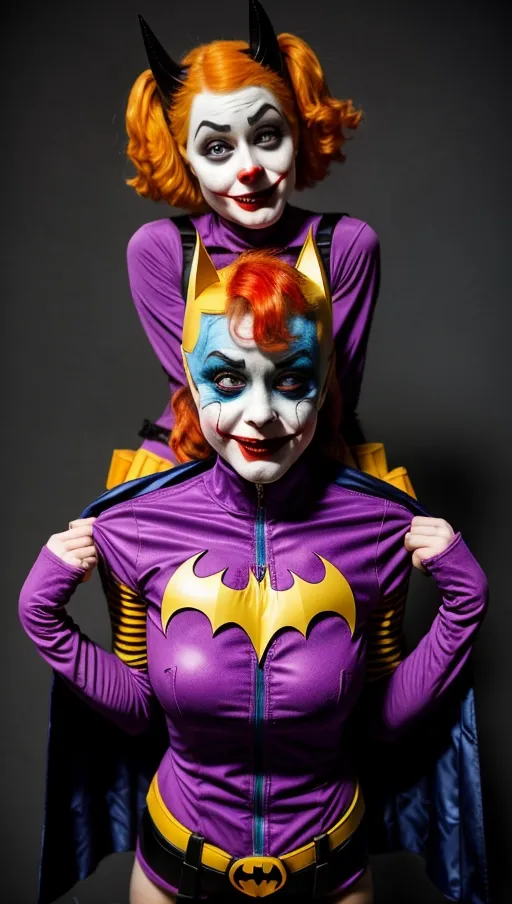 batgirl captured by clowns, the jokers men hold her tightly, ripped clothing, peril, horror