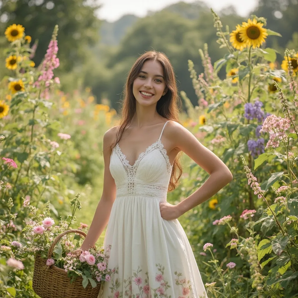 "Create an image of a stunning, 25-year-old young woman standing in a lush, sun-drenched garden on a warm summer day. The model should be dressed in a flowing white sundress with intricate lace details at the neckline and delicate floral patterns adorning the hem. Her long, dark hair should be loose and cascading down her back, with a few stray strands framing her heart-shaped face.
Her eyes are bright blue and sparkling with a radiant smile that showcases perfectly aligned teeth. She has a slender yet athletic build, standing confidently with one hand on her hip and the other holding a wicker basket overflowing with freshly picked flowers.
The background of the image should be teeming with vibrant colors and lush textures, featuring an assortment of blooming wildflowers, verdant foliage, and towering sunflowers that stretch towards the sky. The overall atmosphere should exude warmth, serenity, and carefree joy, capturing the essence of a perfect summer day.
In terms of composition, place the model at the center of the image, with her gaze directed upwards towards the vibrant flowers above. Use a shallow depth of field to emphasize the subject's beauty and blur the background slightly, creating a sense of intimacy and isolation.
The color palette should be predominantly pastel-hued, with shades of pale pink, lavender, and mint green dominating the scene. Accentuate the model's features with subtle golden highlights, giving her an ethereal glow that complements the soft colors around her."
This prompt aims to evoke a serene and idyllic atmosphere, capturing the beauty and vitality of the young woman in the midst of a stunning natural setting.