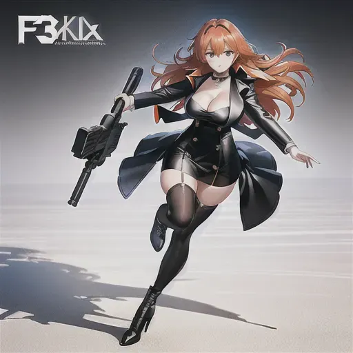 A high-quality erotic hyper-realistic photo of a short woman with long orange hair, hazel eyes, f-cup breasts, pale skin, wearing a black minidress, a white tailcoat, silver earrings, a black choker and black thigh-high high heeled boots holding a rifle, full-body
