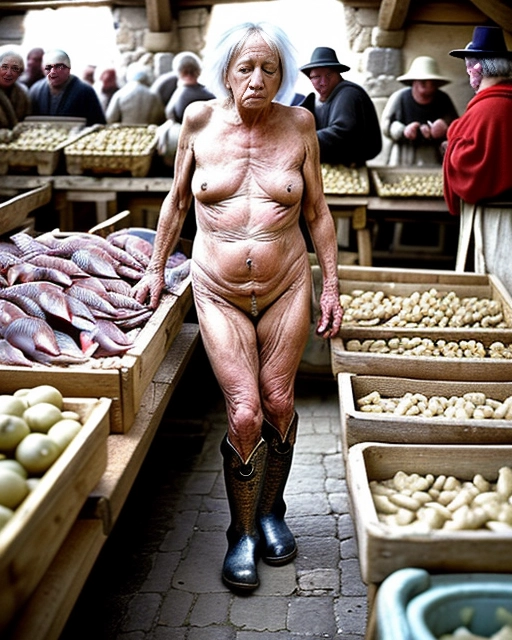 A naked mature woman works naked, wearing only hand-made boots, in a busy fish market in a medieval village and is (naked:1.2) with medieval villagers wearing medieval peasant clothing in the background