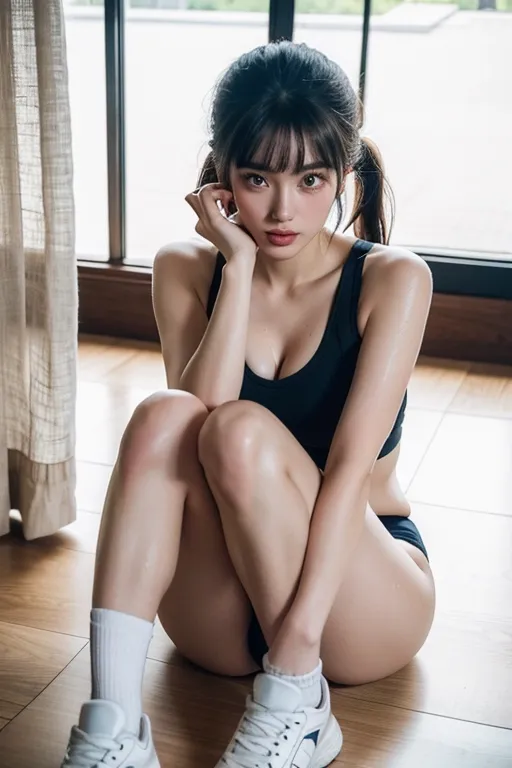 (best quality:2.0), (masterpiece:1.4), high resolution, (photo realistic:1.9), Korean sexy super model, perfect face propotion, nsfw, (thick sports shoes:1.2), navyblue sports wear, knee socks, thick eyebrow, (marble face:1.2), long neck, small lips, large hair band, full bangs, pony tail, ultra large sparkring brown eyes, double eyelids, cheek blush, round cheek, sexy posture, muscular long legs, cleavage, luxury chair, (shiny sweaty ultra pale skin:1.5), big coy smile, beautiful constriction, broad forehead, ultra detailed fabric, detailed skin, dropping eyes, luxury tile poolside,