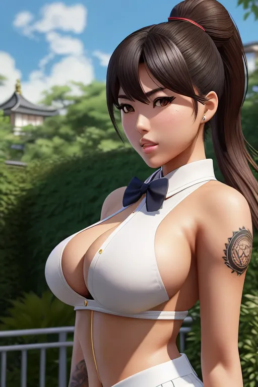 a concept art of,miyuki shiba,wearing japanese high school uniform,shooting from a high point,in the garden,natural breasts,five slender fingers,ponytail,gorgeous face,beautiful lips,brown eyes,curved eyebrows,smooth skin,peaceful,tattoo,smooth,studio lighting,artstation,unreal engine,bokeh