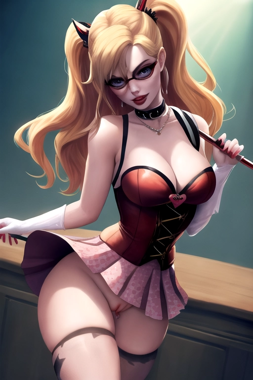 Margot Robbie as Harley Quinn lifting up her short skirt showing her tight naked pussy
