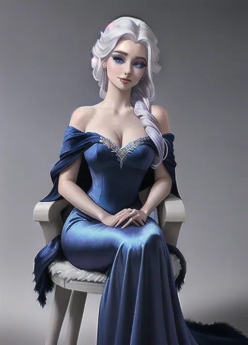 Beautiful glamorous sultry Queen Elsa of Arendelle with her sapphire eyes, purple eyeshadow, warm smile and platinum hair, in a dark blue velvet off the shoulder gown with white fur trim around the shoulders. dark blue light weight silk cape stemming from midway between her shoulders. a sprig of holly in her hair. sitting side saddle on a reindeer. photorealistic.