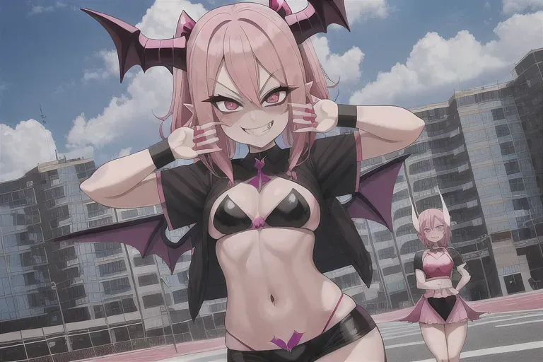 All girl with devil horns and bat wings anime girl with pink hair and pink eyes, one person, testicles, smug, sly grin, mischievous smile, evil smile, multiple angles, giggling, high quality,