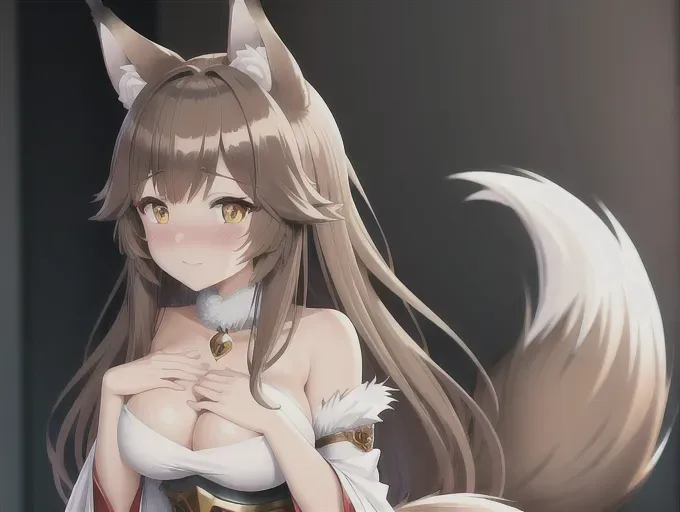 best quality, highly detailed, anime girl, brown hair, wolf girl, wolf ears, fluffy tail, fluffy ears, isekai, fantasy outfit, cute, concerned face, blush, in love, detailed hands, proper female anatomy, correct proportions, detailed background, wide shot,