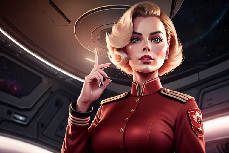a digital painting of,margot robbie,wearing soviet uniform,touching breasts,in the space station,big breasts,five slender fingers,short hair,charming face,beautiful lips,detailed large eyes,curved eyebrows,smooth skin,erotic,tattoo,professional,pixiv,unreal engine,editorial,8k