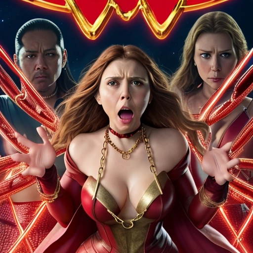 huge tits scarlet witch in classic comic costume
golden glowing magical chains are wrapping around her hands feet and neck
her costume is ripping apart and her breasts are popping out her nipples are fully visible
the chain around her neck is lifting her off the neck and choking her
she looks confused and terrified
Elizabeth olsen