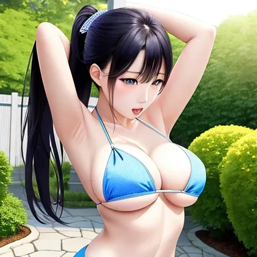 A korean girl, slings bikini, hyper breasts, futanari, hyper penis, realistic and not shiny, blue eyes, in a garden