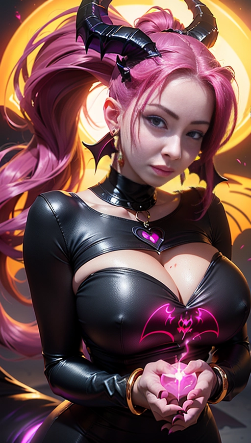 best quality, (((ultra high res))), (((detailed face and eyes))), (perfect face), big shining heart choker, earrings, jewelry, (((big glowing succubus mark))), ((((big glowing succubus bodymark)))), (((conjuring))), (witch), ((long voluminous hair)), (((black gloves))), ((pink hair)), straight hair, (((golden bracelet))), ((single ponytail)), (((huge hair cuff))), ((skintight neckholder dress with low neckline)), ((face closeup)), purple, (burgundy red lipstick), (((neckholder top with low neckline))), ((((demon tail)))), ((long sleeves)), ((purple glowing heart))