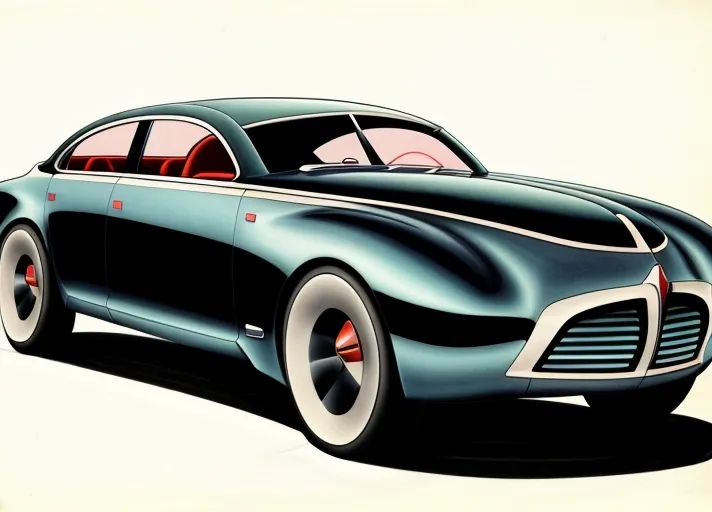 A rendering in airbrush, marker, and colored pencil, of the (full body view) of a sleek sedan concept car styled after cars of the 1940's