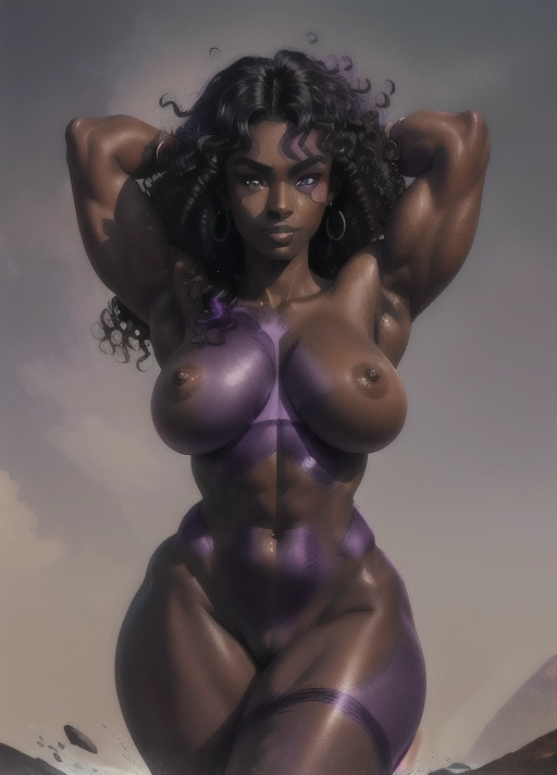 ((nsfw), (masterpiece), absurdres, smooth, soft lines, soft edges, perfect edges, (soft lighting), (soft glow), perfect anatomy, detailed background, hair with great details, perfect eyes, perfect face, ((serious expression)), rounded face,
lip gloss, smiling, ((flushed cheeks)), erotic, full body view, dark elf,
((black hair)), ((thick curly hair)), ((black skin)), ((((dark purple skin color)))), armpit hair, ((completely nude)), pubic hair, ((tall stature)), ((small breasts)), athletic body, ((extremely thick arms)), ((muscular arms)), ((thick thighs)),